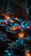 Wall Mural - crystals growing colorful lights on deep nature cave background backdrop