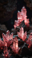 Canvas Print - crystals growing pink lights on deep nature cave background backdrop