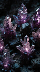 Canvas Print - crystals growing purple lights on deep nature cave background backdrop