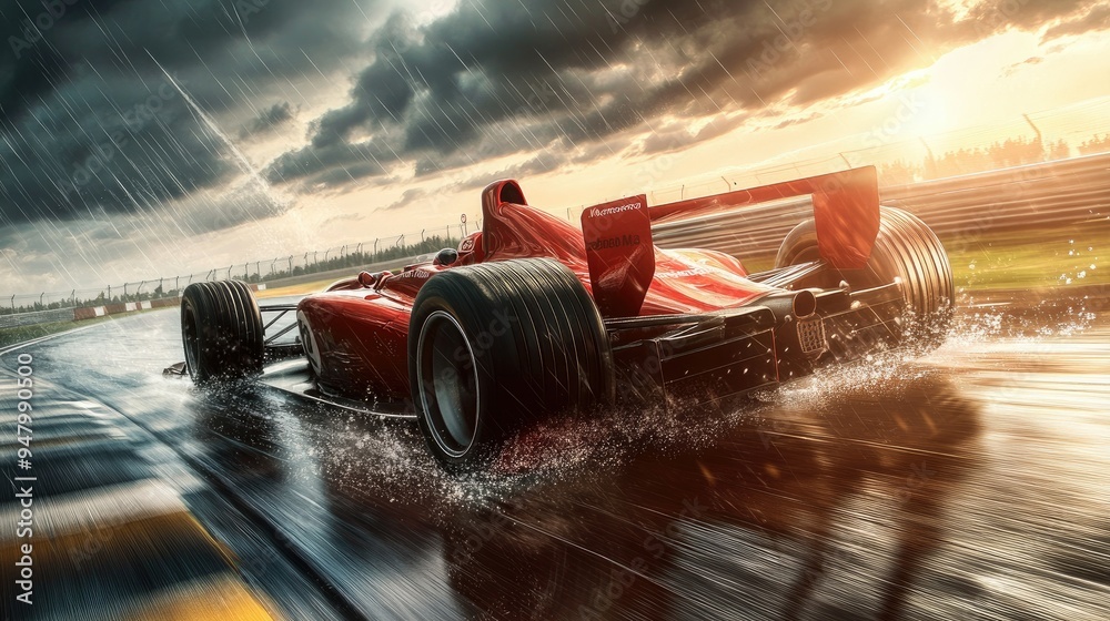Speed Car Racing View Low angle view of a generic red racing car with details driving at ...
