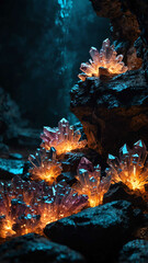 Poster - glowing crystals illuminating the deep nature cave background backdrop