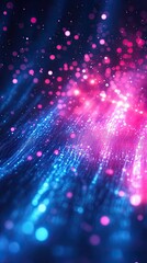 Poster - Vibrant abstract background featuring glowing particles and waves in blue and pink colors for creative visual projects.