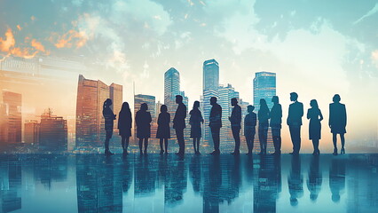 a group of people in business attire standing in front of a city skyline.