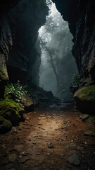 Poster - shadows foggy path on deep nature cave background backdrop