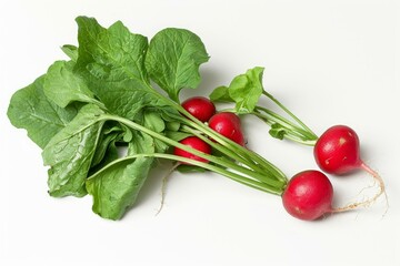 Wall Mural - Bunch of fresh, vibrant red radishes with lush green leaves are lying on a clean white background, showcasing their natural beauty