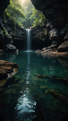 Poster - underground river flowing through deep nature cave background backdrop