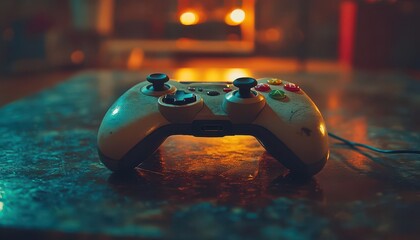 Gaming controller with buttons on a coffee table, ready for gaming