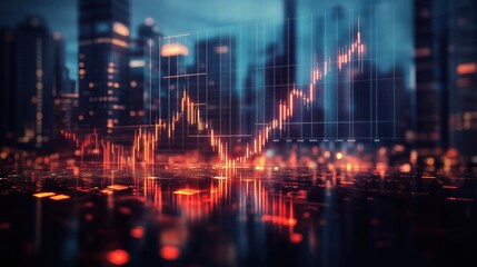 Rising Stock Chart Against Modern Cityscape. Rising financial graph overlaid on a blurred city background, representing upward market trends, investment opportunities, and economic growth.