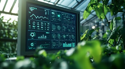 Poster - a high tech control center for a smart farm showcasing a digital dashboard that consolidates real ti