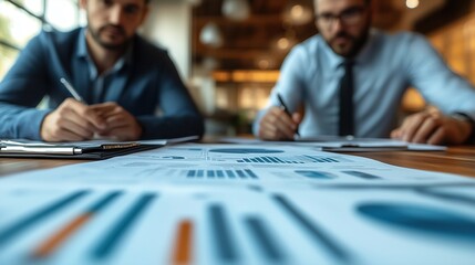 Poster - Businessmen Analyzing Financial Reports in Office. Two businessmen in a modern office environment reviewing financial charts and graphs, indicating collaboration, analysis, and strategic planning.