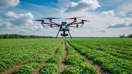 Poster - aerial view of a drone equipped with iot sensors and technology mapping a large farm field demonstra