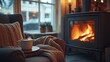 © Nottenaj - 7. A cozy corner with a comfortable chair and a table set in front of a fireplace in a cozy cafe, a mug of coffee warming the scene, with soft lighting adding to the warmth