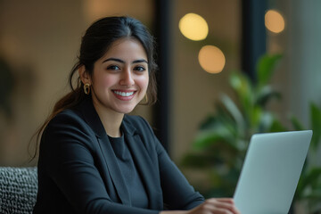 Wall Mural - Young businesswoman looking front side and smiling while using laptop