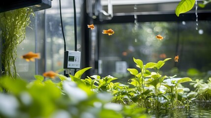 Poster - a photograph showcasing iot sensors seamlessly integrated into an aquaponics system enabling real ti