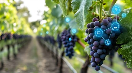 Poster - a photograph showcasing a smart vineyard equipped with iot devices that monitor the health and growt