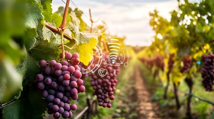Poster - a photograph of a smart vineyard equipped with iot devices that monitor various grape health and gro