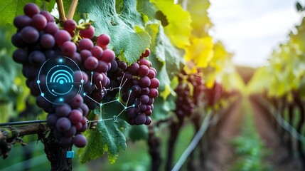 Poster - a photograph of a smart vineyard equipped with internet of things iot devices that monitor various a