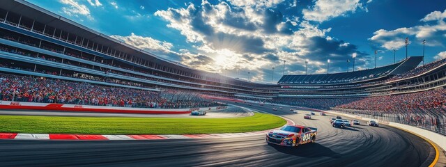 Canvas Print - speedway with cars racing on track 