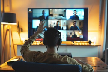 Man in Video call with friends and relatives in front of computer Family and friends happy moments in video conference in lockdown quarantine.