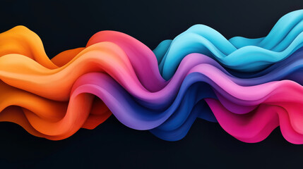 Colorful flowing wave-like ribbons in a variety of vibrant colors on a dark background, 3D digital illustration.