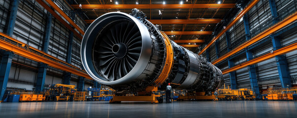 Wall Mural - Large-scale jet engine in an industrial assembly facility, highlighting advanced engineering and aerospace manufacturing processes.