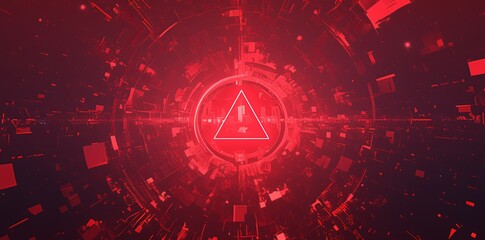 A red exclamation mark on a digital screen background An abstract concept of security and cyber attack is depicted with a red triangle frame icon of a broken or attacked computer network 