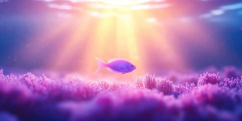 A sunset over the ocean with a fish swimming below the water.