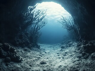 Wall Mural - Underwater Cave with Sunlight Filtering Through, Illuminating Coral and Rocky Seabed