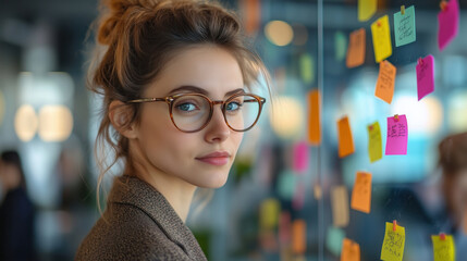 Poster - woman organizing ideas on sticky notes in office. professional woman with glasses organizes colorful
