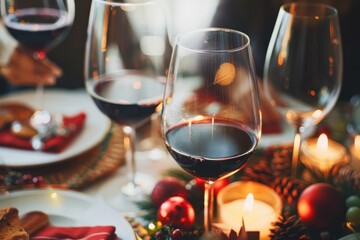 Friends enjoying a Christmas dinner together Red wine glasses at the decorated dinner table