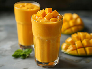 Organic mango juicy tropical fruit smoothies shake in glasses drink for refreshment freshness breakfast, yellow ingredient beverage for sweet summer milkshake diet dessert vitamin detox healthy eating