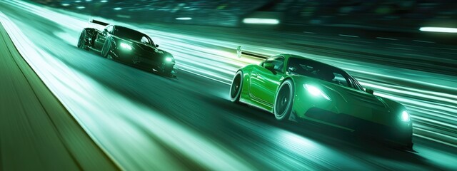 Sticker - Two green toned racing generic racing cars racing at high speed close to each other on a generic racetrack near to a spectators stand, during a night race. With motion blur