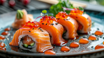 Wall Mural - Luxury salmon sushi roll nigiri seafood freshness fish gourmet japanese food decorated in plate in fine dining course restaurant, healthy eating meal japanese culture healthy lifestyle food and drink