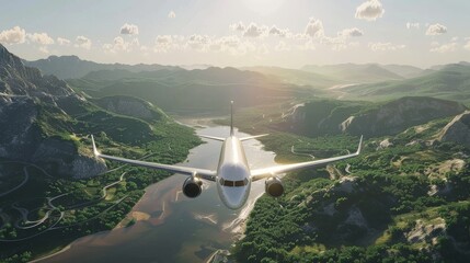 Wall Mural - View of 3d airplane with travel destination landscape