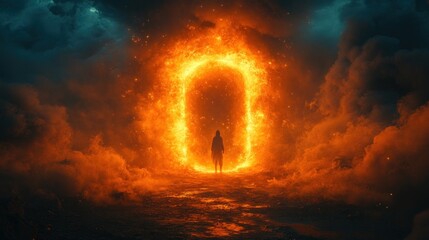 Wall Mural - A solitary figure stands before a fiery portal, shrouded in smoke and mystery.