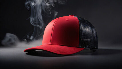 Poster - Crimson Trucker Hat Shrouded in Smoky Elegance, Red baseball cap on black background, red cap mockup