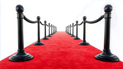 Red carpet and black stanchions, no people, glamorous scene