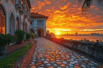 Wall Mural - A beautiful sunset over a city with a large house in the background