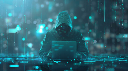 Futuristic image illustration background with anonymous hacker in a black hoodie in dark futuristic  digital room. Cyber threats and security technology computer data concept

