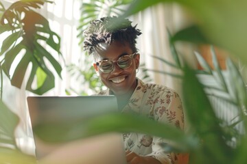 Happy person working with laptop