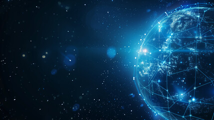 Fototapete - A futuristic neon technology digital earth planet with glowing light wireframe grid connections. World global science communication. Presentation 
background