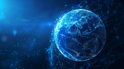 Fototapete - 3d render blue neon abstract glowing digital technology  planet with grid dots connections in dark black space galaxy space cosmos. Earth futuristic presentation background cocnept