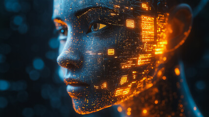 Poster - A woman's face is made up of computer code and is glowing with orange lights. The image is a representation of the idea of technology and its impact on human identity