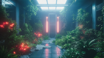 Poster - A minimalistic virtual reality space with wellness features, set in a cyberpunk metropolis with lush digital greenery and soft neon lights