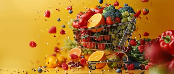 Vibrant display: shopping cart filled with fruits and veggies on orange table. Fresh produce scattered around, creating a colorful scene.