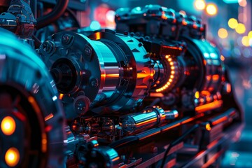 Poster - Powerful industrial engine glowing in a factory at night