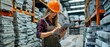 © COK House - A woman in an industrial warehouse wears safety gear, holding a tablet. Possibly a stock manager or quality inspector amidst metal products on shelves.