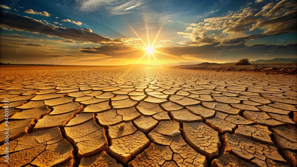 Cracked, barren earth with intricate patterns of fissures and ridges ...