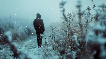 Sticker - Solitary Figure in a Foggy Winter Landscape