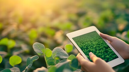 Wall Mural - A person using a tablet to monitor plants in a vibrant field, showcasing the intersection of technology and agriculture.